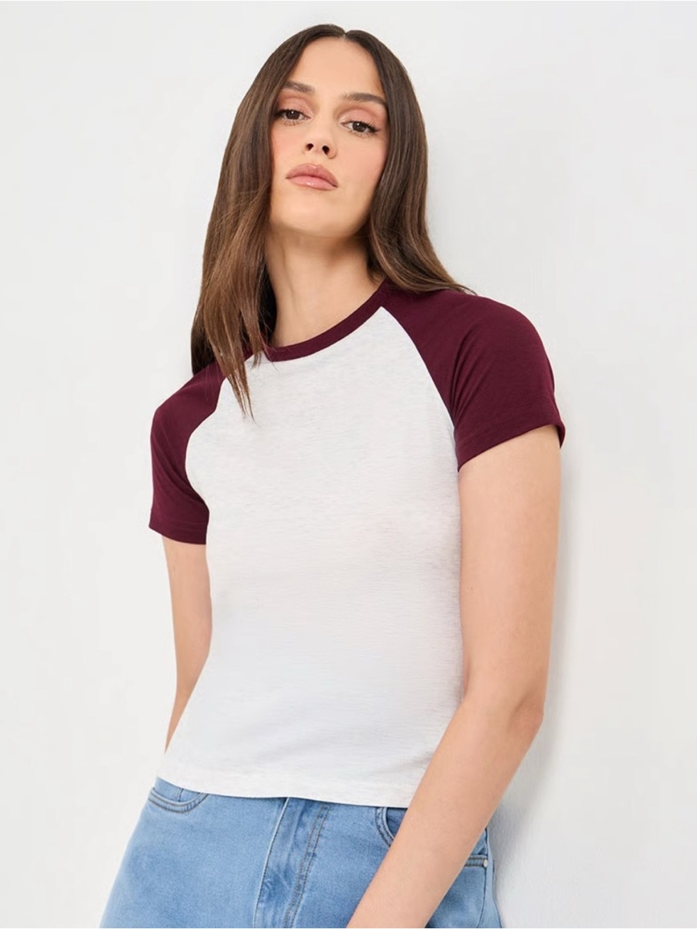 Snug Ribbed Baseball Tee in Burgundy and White